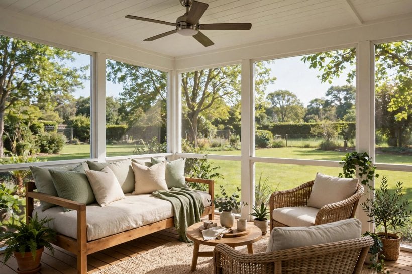 deck roof ideas: a ceiling fan and warm lights beneath a covered deck