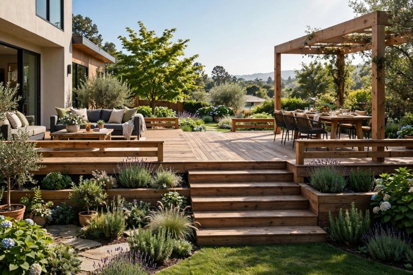 deck stairs: open stringer staircase with chunky timber treads