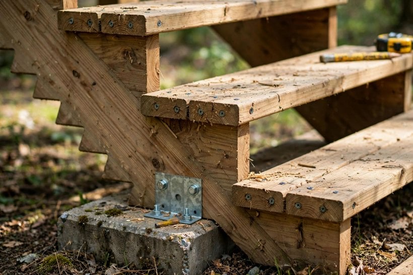 deck stairs: steel stringer steps with cable railing