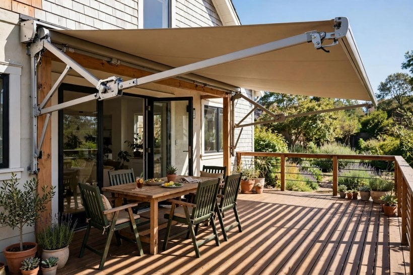 deck awnings ideas: a house-mounted awning shading the seating zone of a timber deck