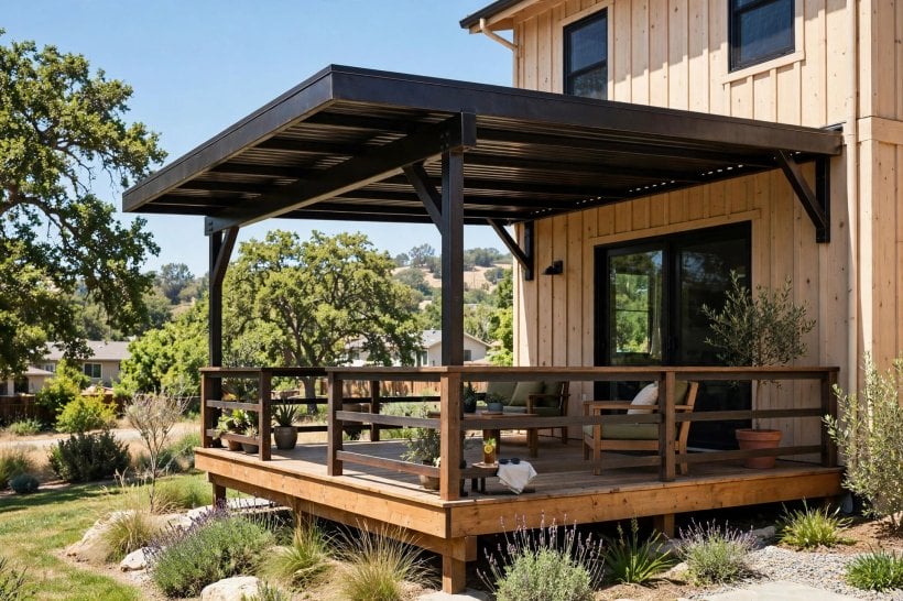 deck awnings ideas: composite decking boards beneath a neatly fitted fabric awning