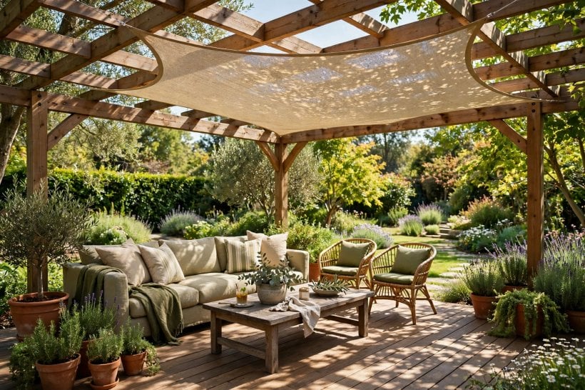 deck awnings ideas: slim metal railings keeping garden views open from a shaded deck