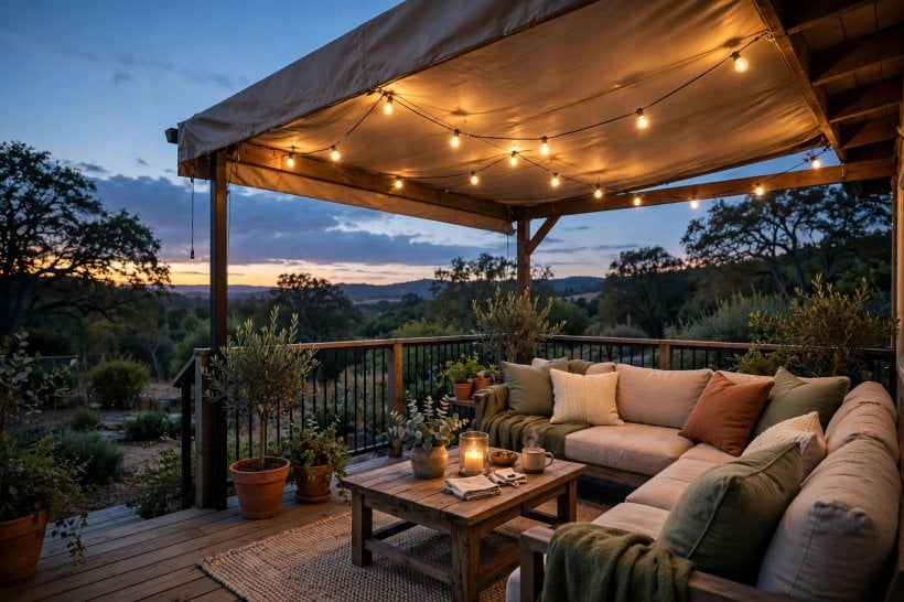 deck awnings ideas: a compact awning turning a small deck into a usable outdoor room