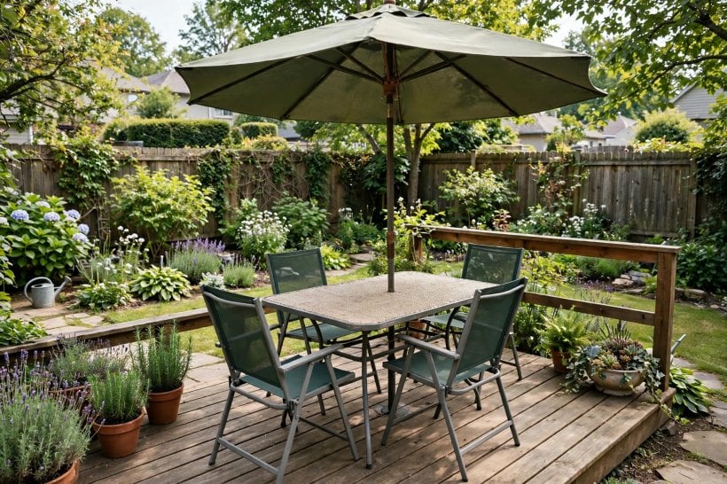 decks ideas for backyards: spacious timber deck with lounging and dining zones