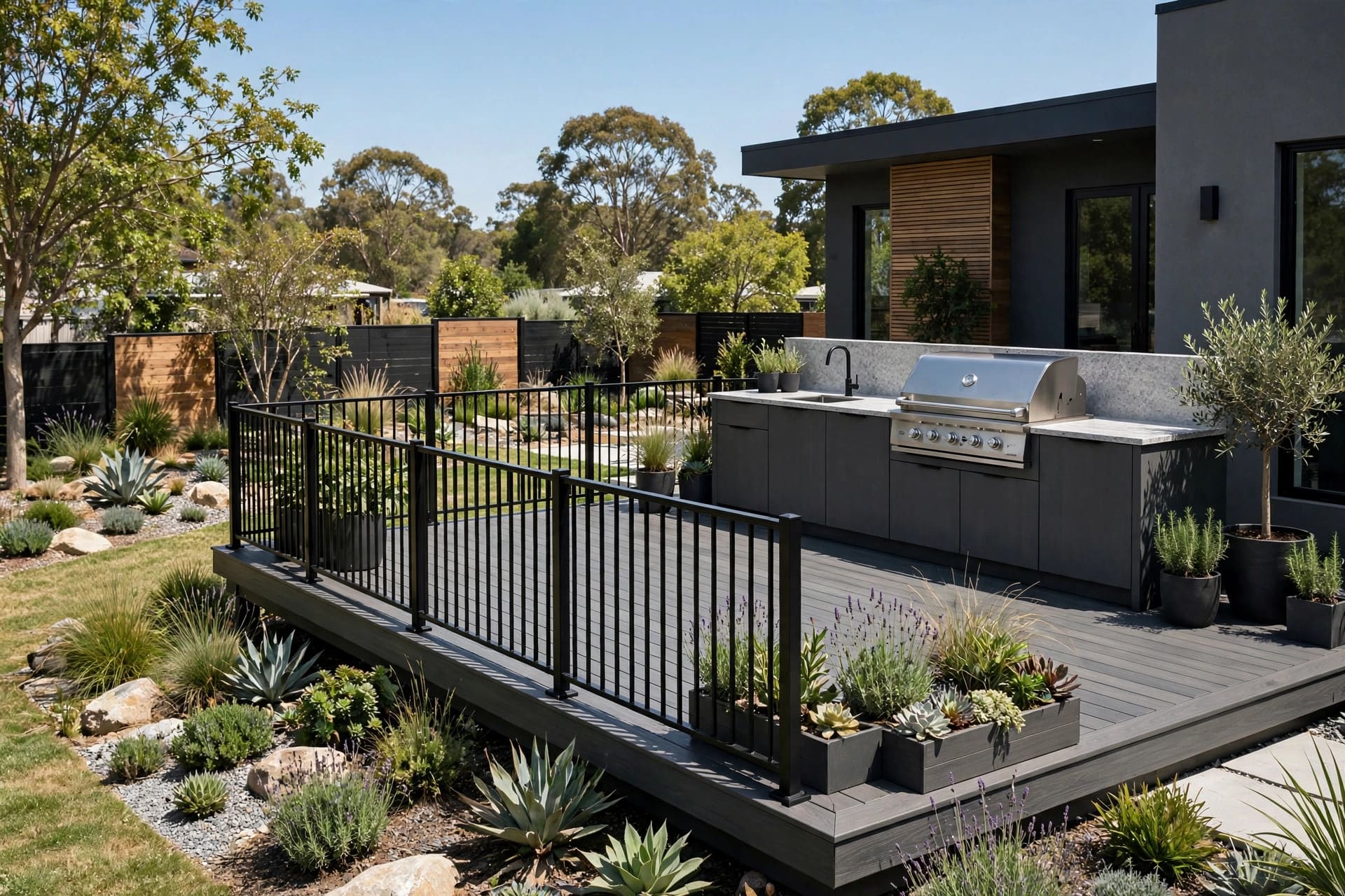 decks ideas for backyards: deck with pergola shade and string lights