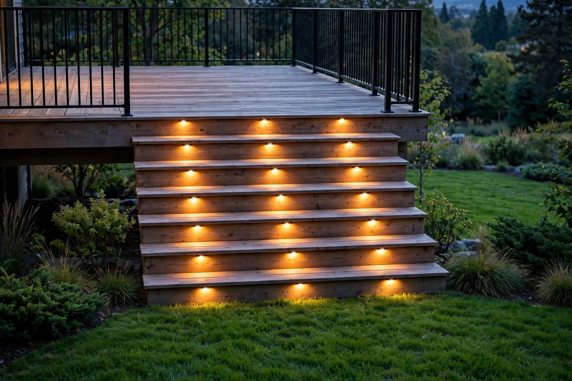 decks ideas for backyards: wraparound deck with steps down to the lawn