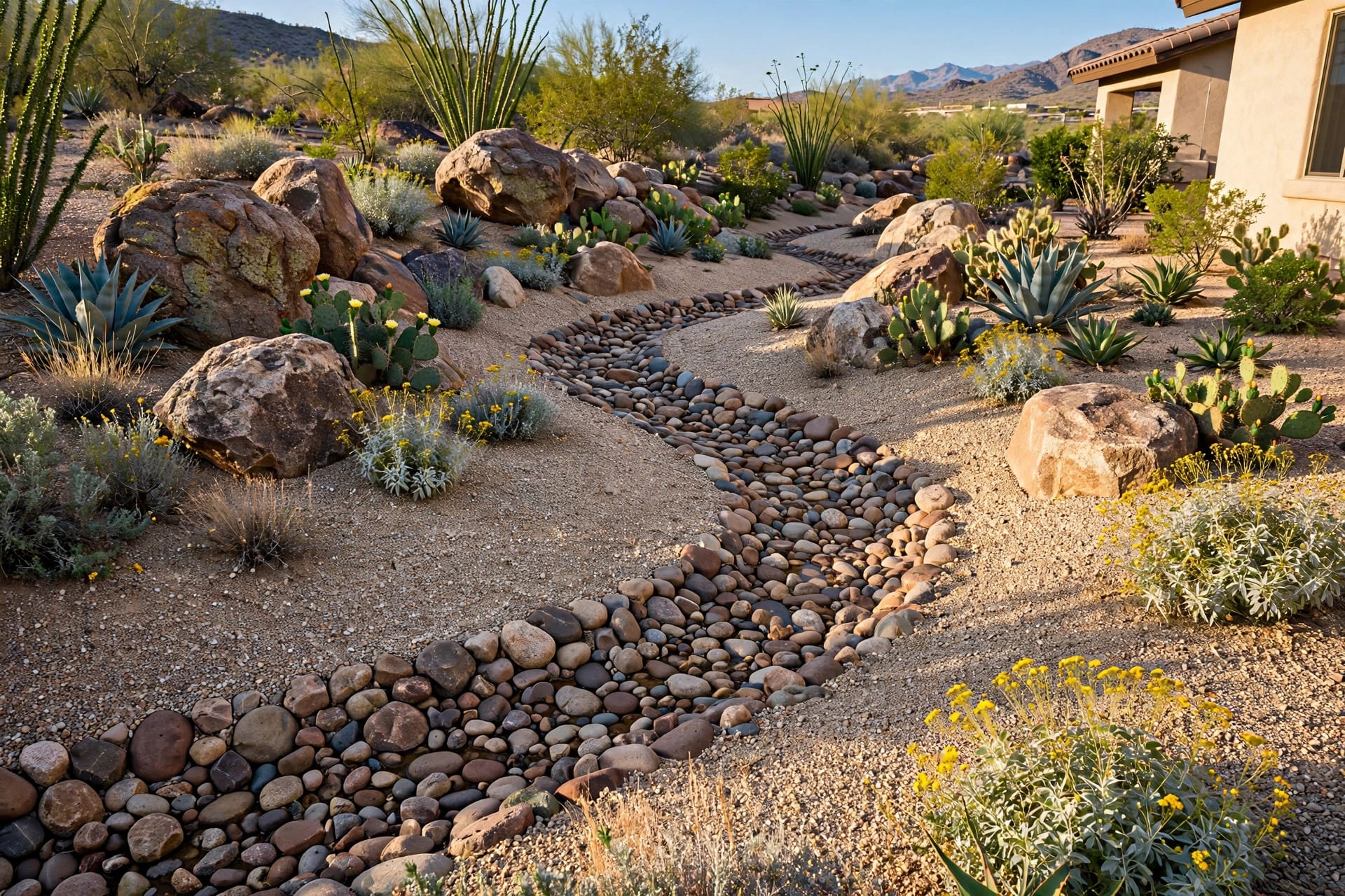 desert landscape: gravel garden with sculptural cacti and boulders