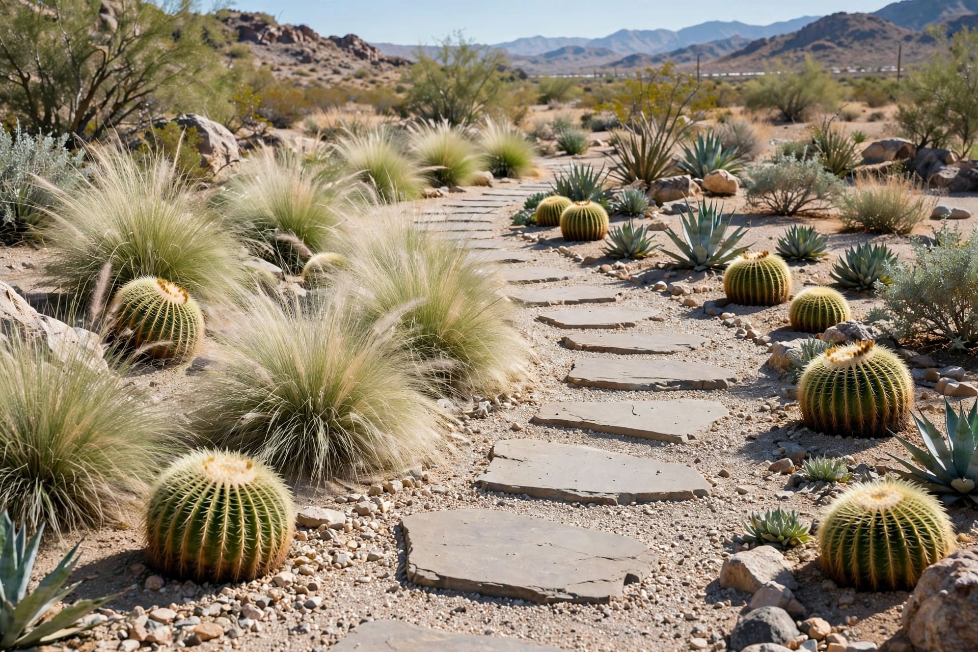 desert landscape: dry creek bed of river rock winding through planting
