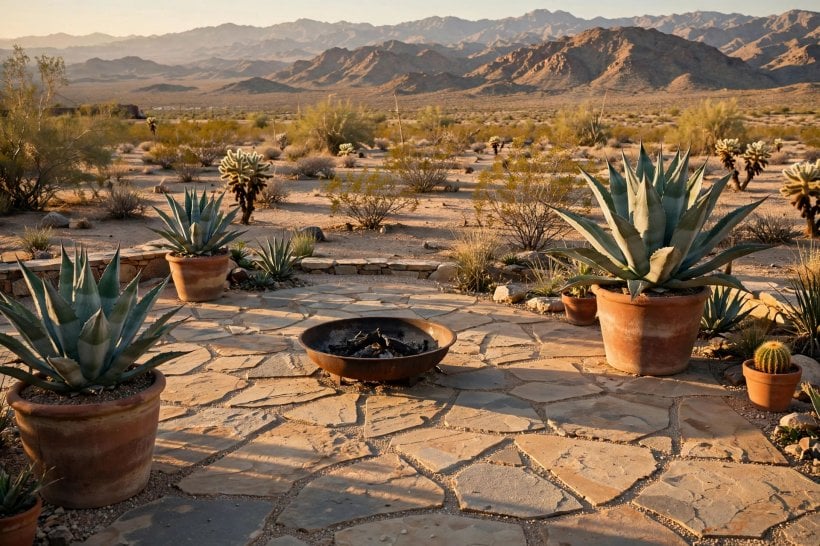 desert landscape: agave rosettes and barrel cacti in warm gravel