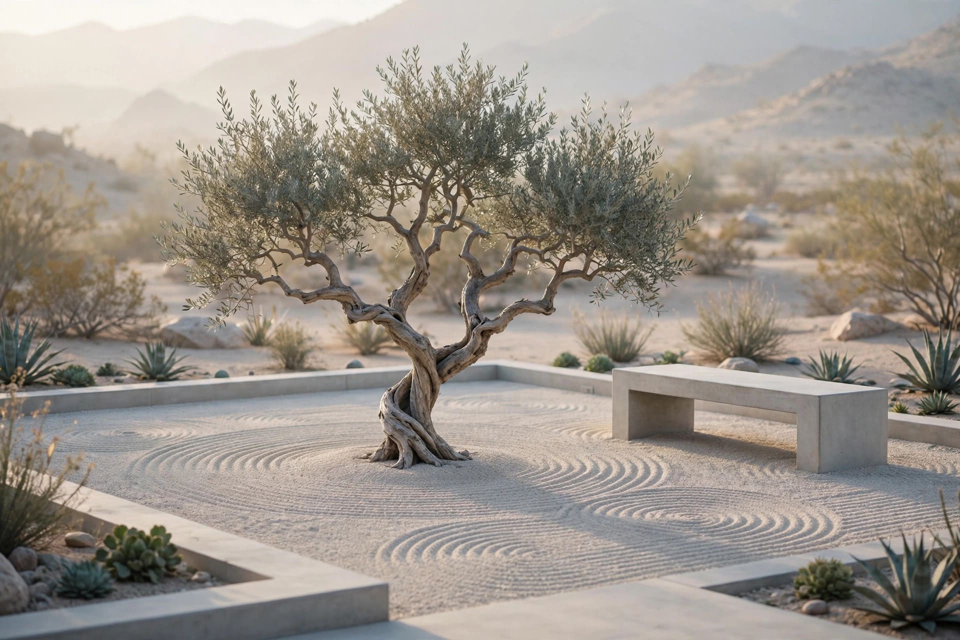 desert landscape: flowering desert shrubs beside a gravel path