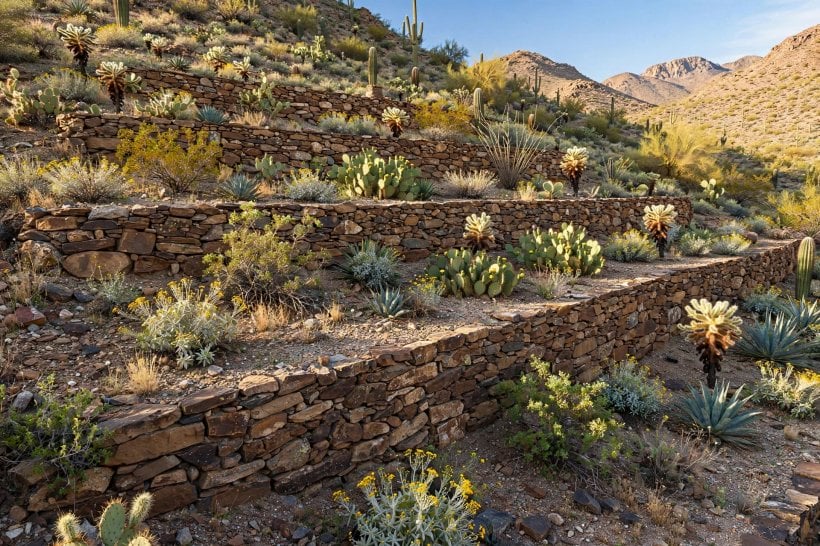 desert landscape: terracotta pots and lanterns in a gravel courtyard