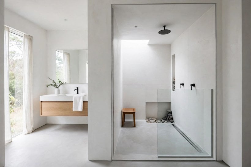 doorless walk in shower dimensions: wide open entry with a half wall