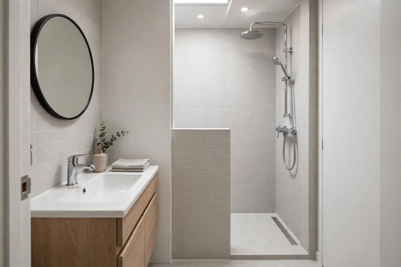 doorless walk in shower dimensions: L-shaped layout around a corner
