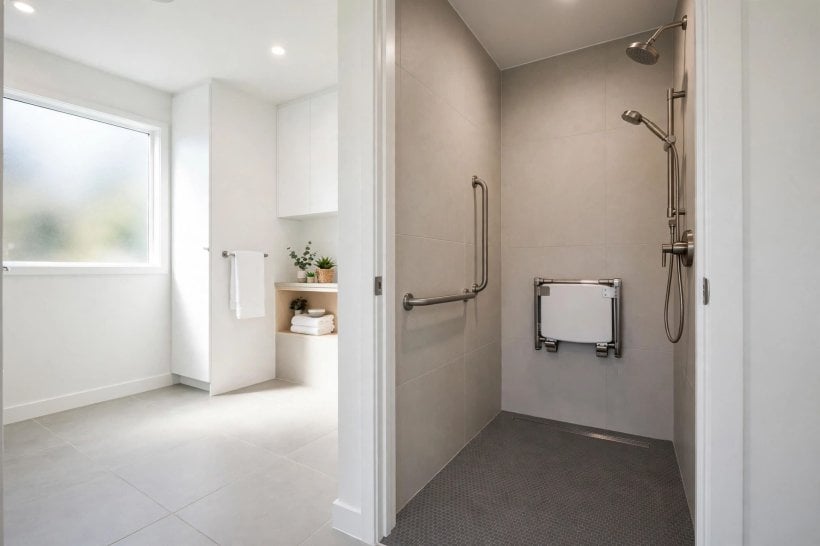 doorless walk in shower dimensions: gently sloped floor with a linear drain