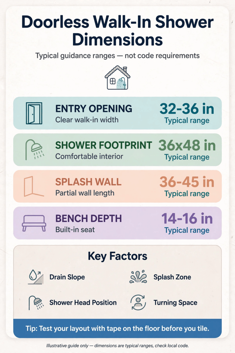 doorless walk in shower dimensions