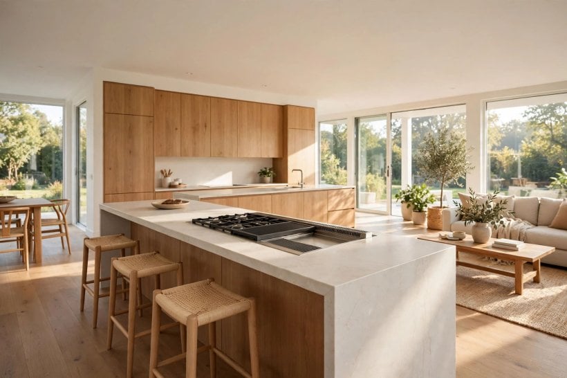 down draft gas range: downdraft venting drawing steam downwards from the cooking surface