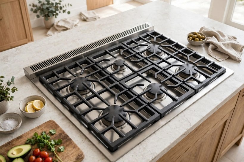 down draft gas range: burner layout and oven checked against everyday pans