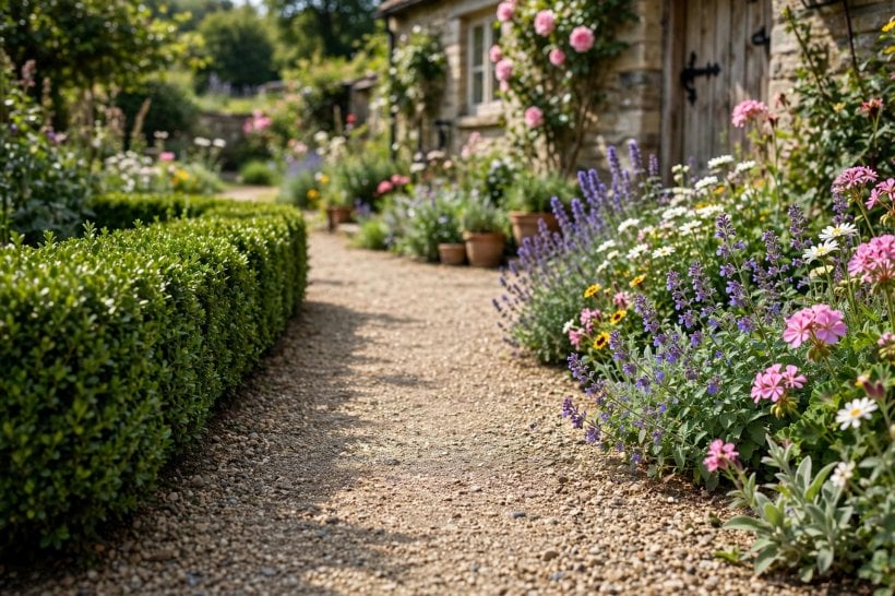 dwarf hedges: a clipped dwarf box edging along a cottage path