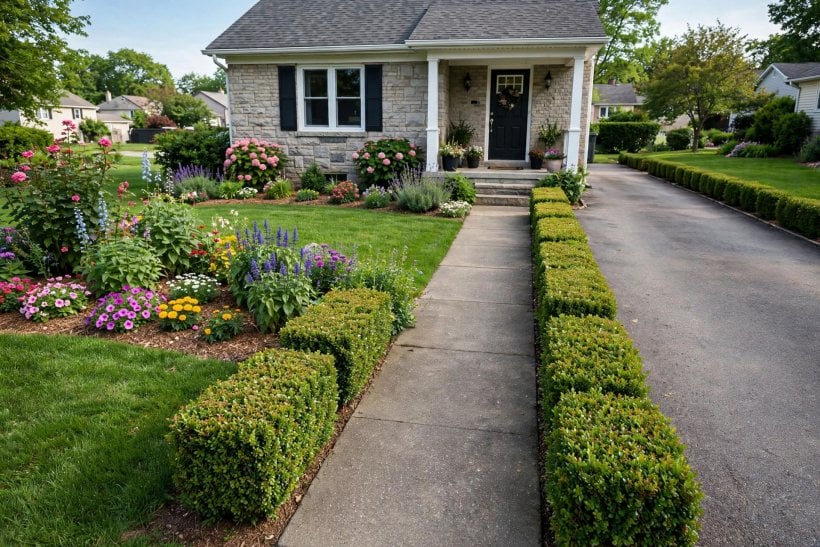 dwarf hedges: low trimmed hedges lining a front walkway and driveway