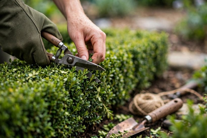 dwarf hedges: a dwarf rosemary hedge edging a kitchen garden path