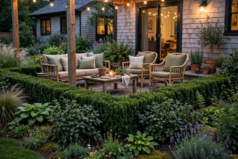 dwarf hedges: a neat low boundary hedge between two front gardens