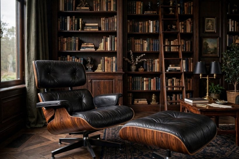 eames chair replica: lounge chair and ottoman in profile