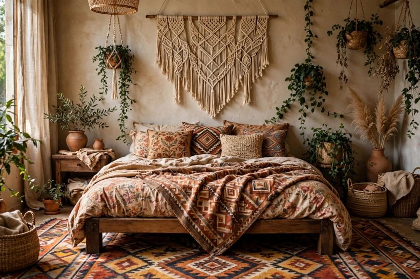eclectic bedroom: rich colour palette with layered bedding and art
