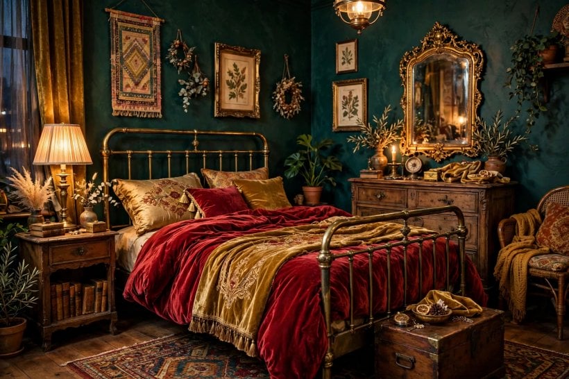 eclectic bedroom: layered bedding with mixed cushions and a throw