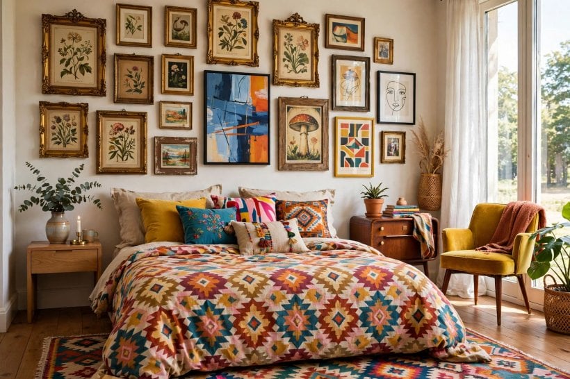 eclectic bedroom: vintage dresser beside a modern chair and lamp