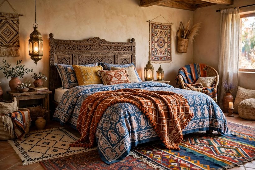 eclectic bedroom: gallery wall with mixed frames above the bed