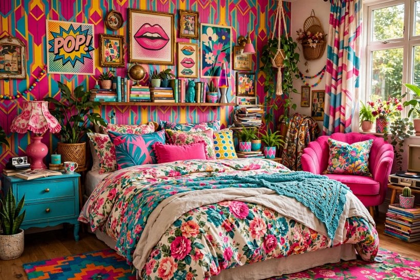 eclectic bedroom: warm bedside lamps with patterned shades