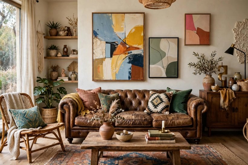 eclectic living room: bold colour-blocked sofa with patterned cushions