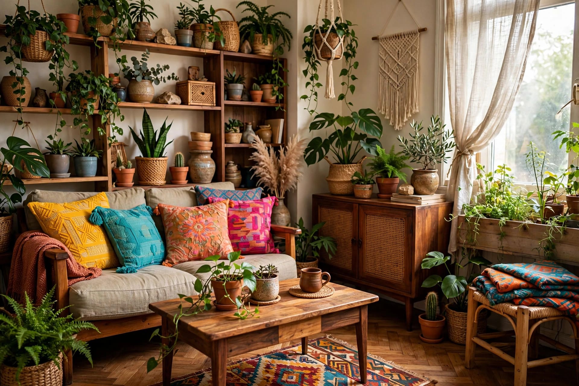 eclectic living room: mixed prints and plaid armchair in a layered lounge