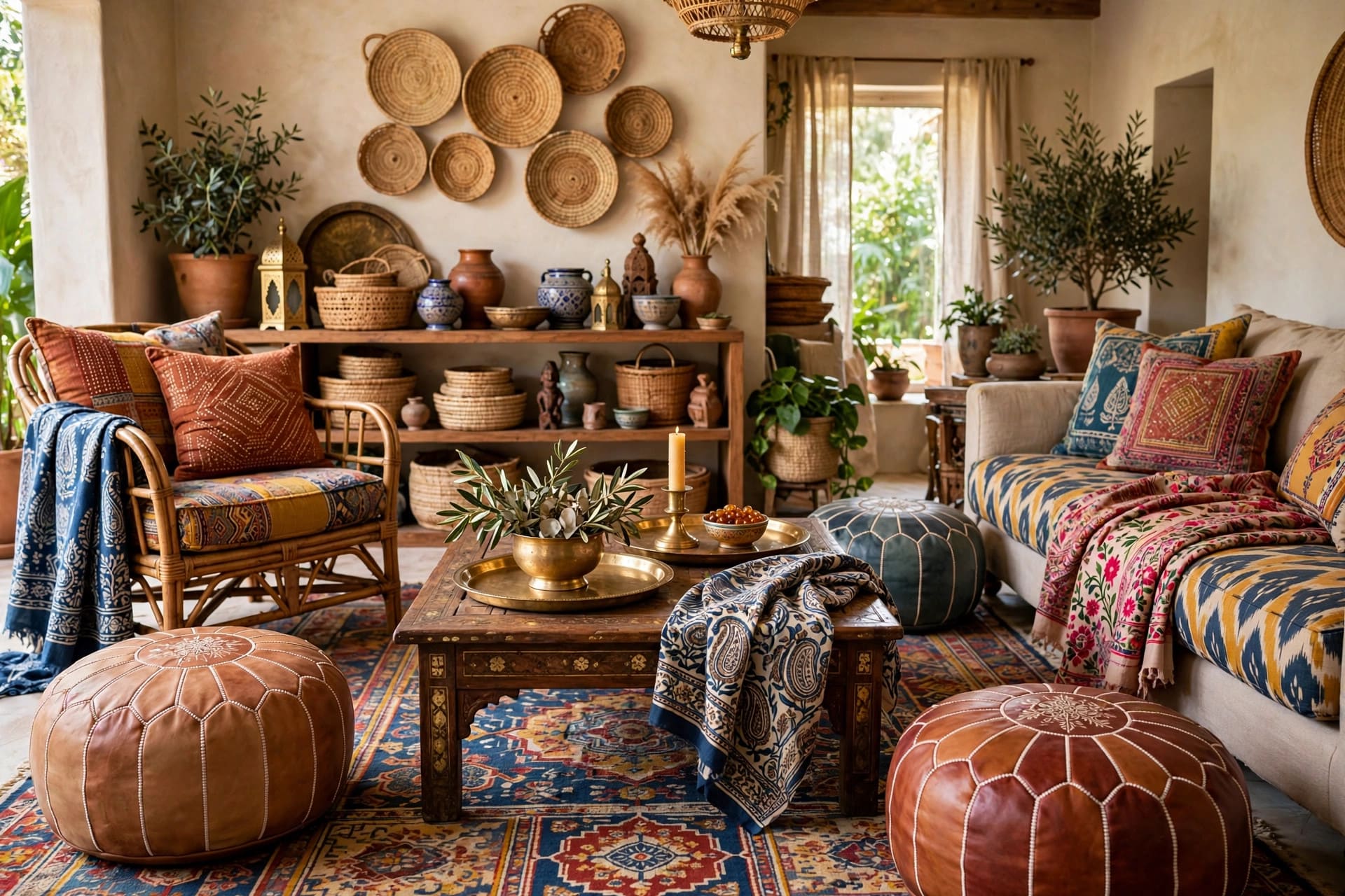 eclectic living room: vintage sideboard styled with art and ceramics