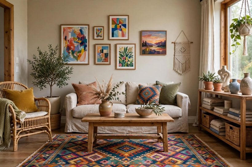 eclectic living room: gallery wall of mixed frames above a velvet sofa
