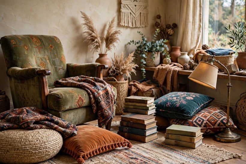 eclectic living room: layered rugs and throws in rich jewel tones