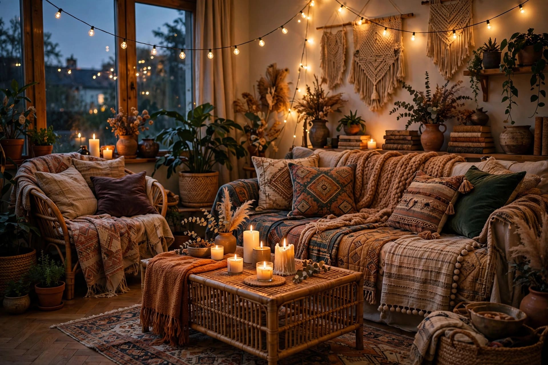 eclectic living room: shelves of collected objects, books and plants