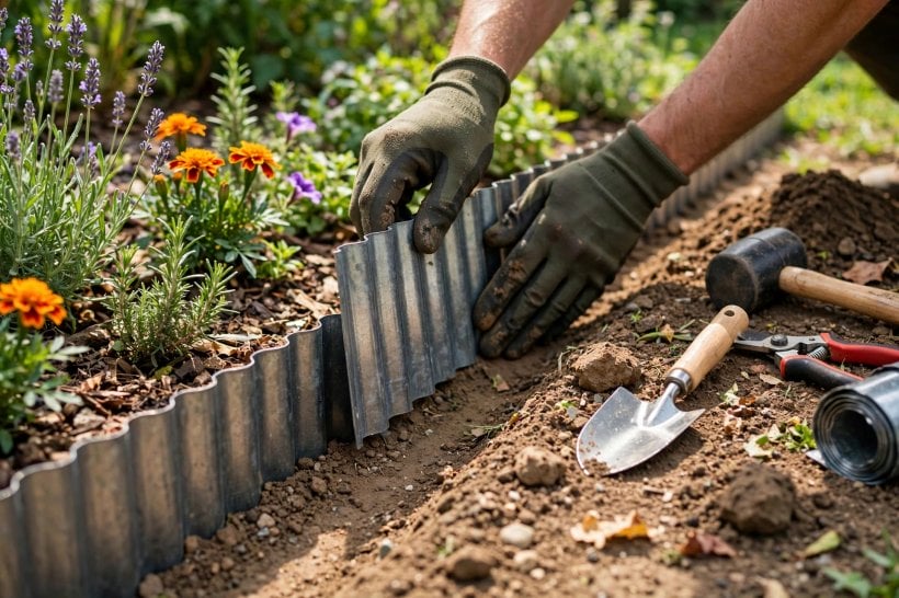 edging ideas for flower beds: low metal strip defining a gravel path edge