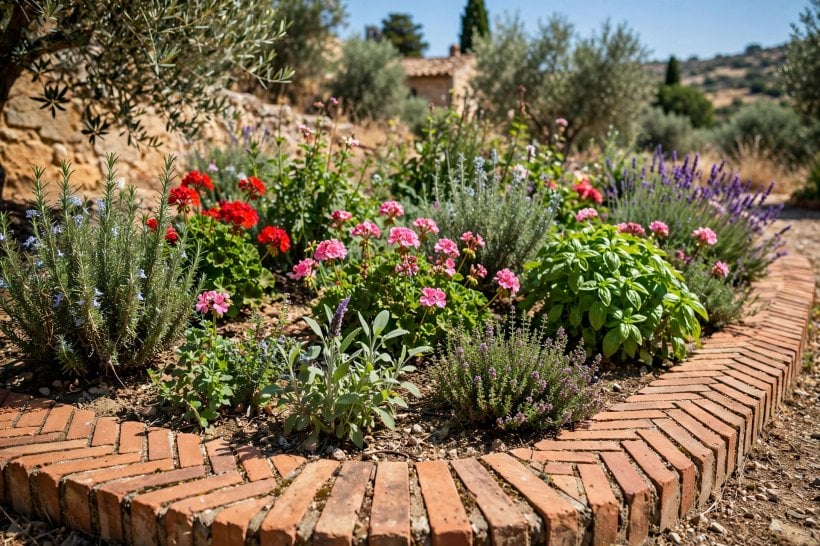 edging ideas for flower beds: rustic timber and log border in a cottage garden