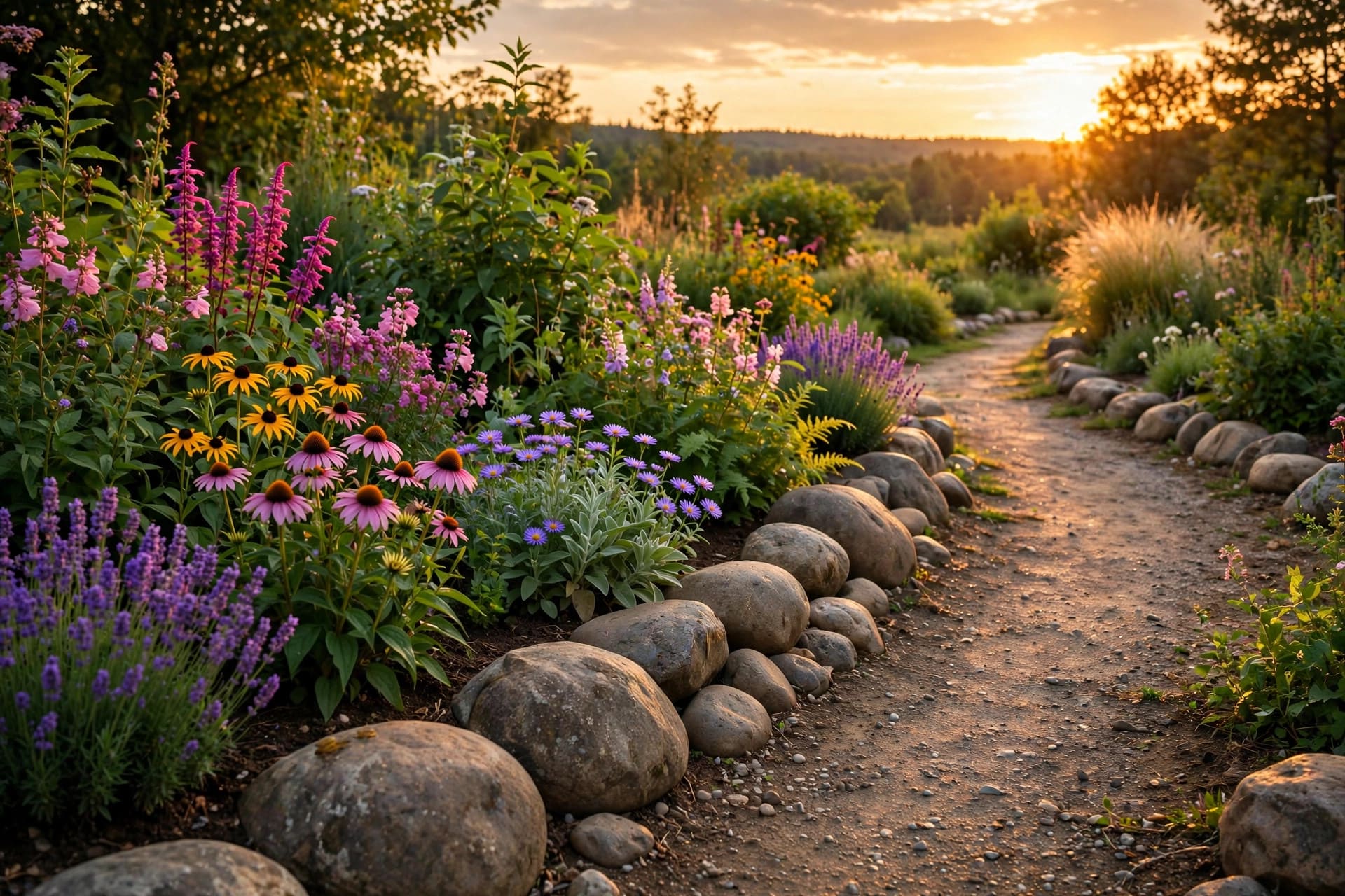 edging ideas for flower beds: woven willow edging around soft cottage blooms
