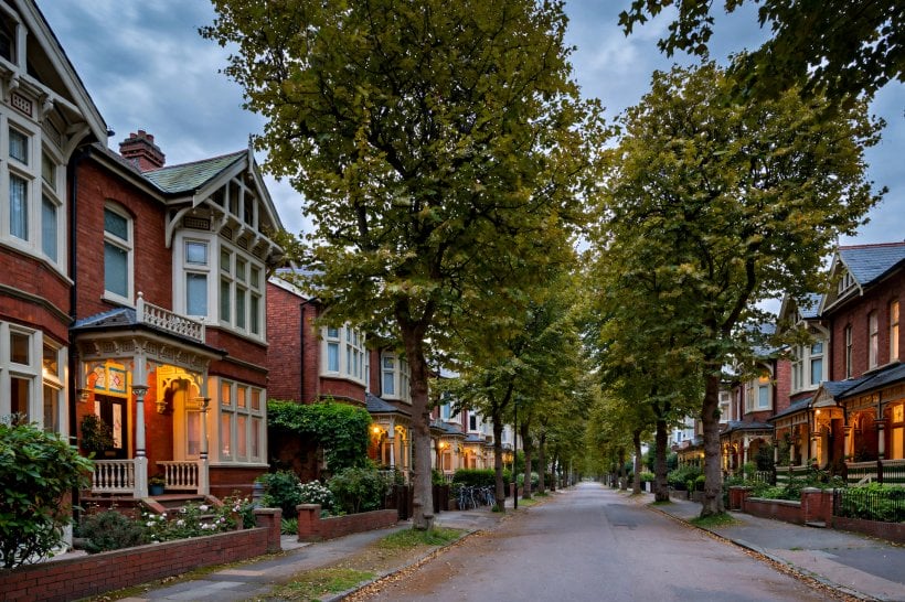 edwardian architecture: tree-lined street of period brick houses
