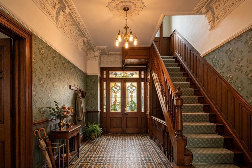 edwardian architecture: hallway and staircase with stained glass