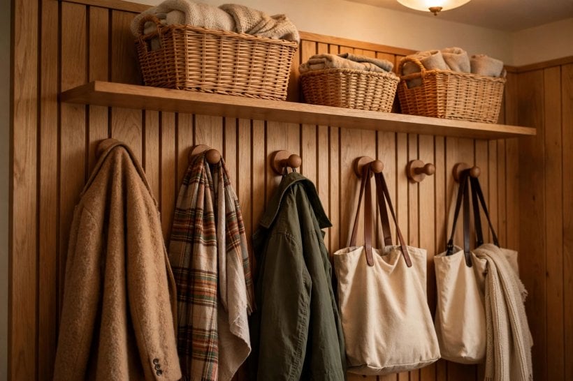 entryway closet ideas: reach-in layout with a hanging rail above and shelves below