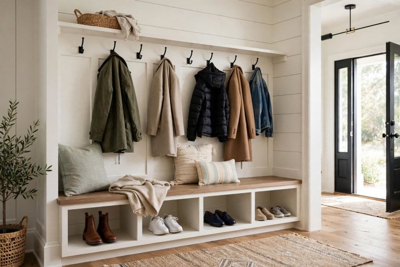 entryway closet ideas: uncrowded coat rail with hooks below for bags and hats