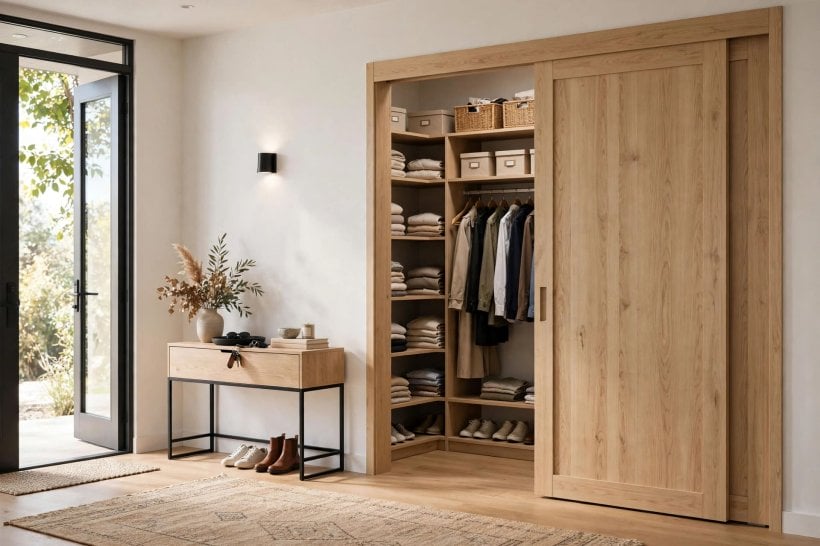 entryway closet ideas: slanted shoe shelves keeping everyday pairs visible and aired