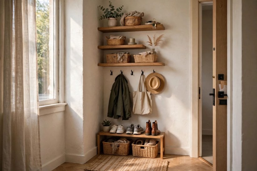 entryway closet ideas: labelled baskets on adjustable shelves for gloves, hats and scarves