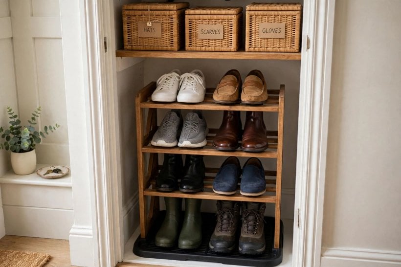 entryway closet ideas: sturdy bench beside the closet with storage baskets underneath