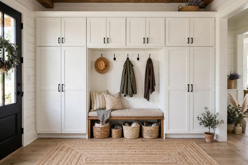 entryway closet ideas: mirror and warm light making a small hall closet feel generous