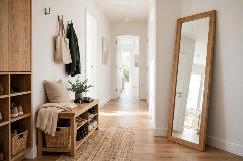 entryway mirror: round mirror above a console table in a bright hallway