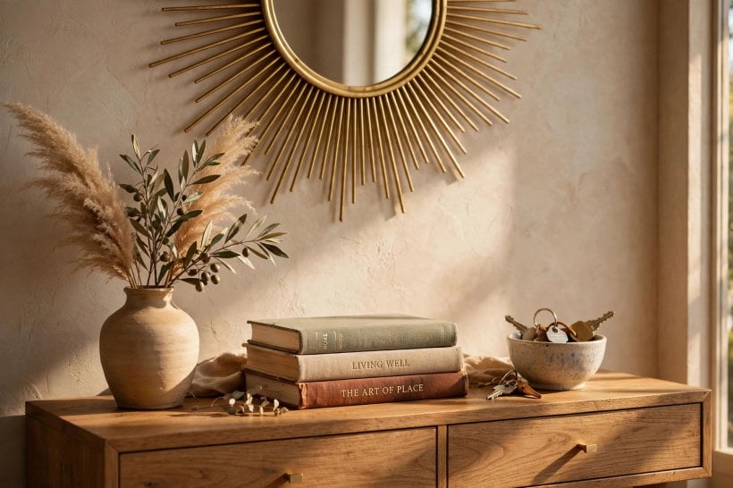 entryway mirror: framed mirror with warm metal detailing above a hallway bench